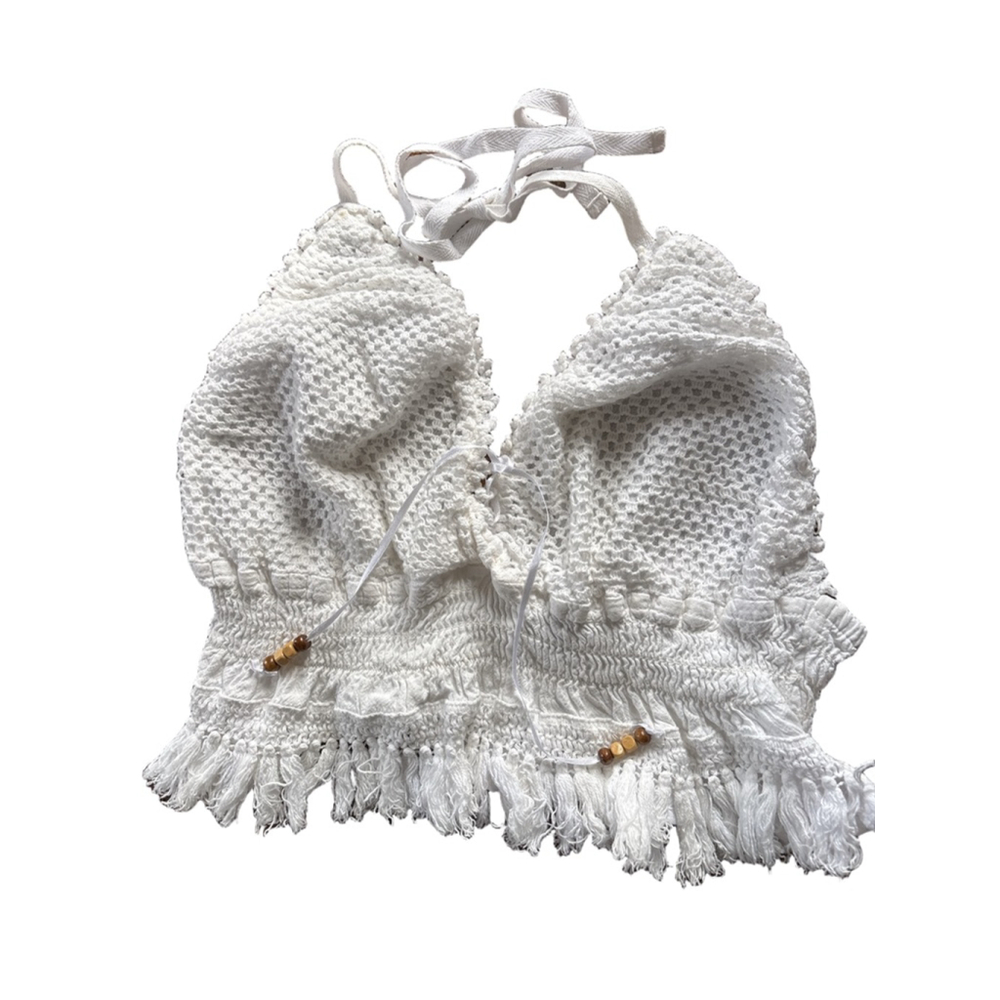 Women's Cotton Collection White Crochet Halter Crop Top L Y2K Cottage Core